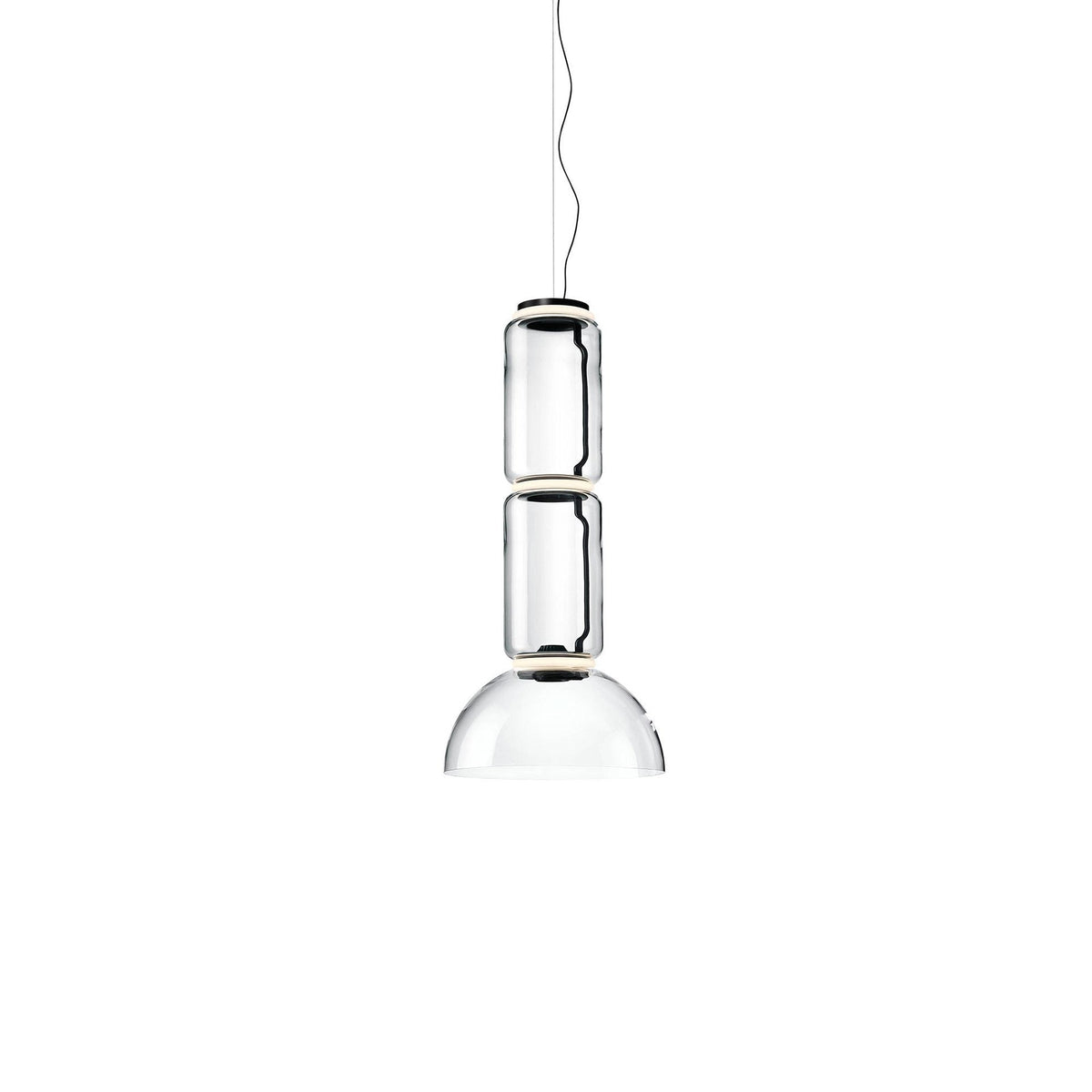 Two glass cylinders over a wide glass dome, this compact Clérachic pendant on a plain white backdrop.