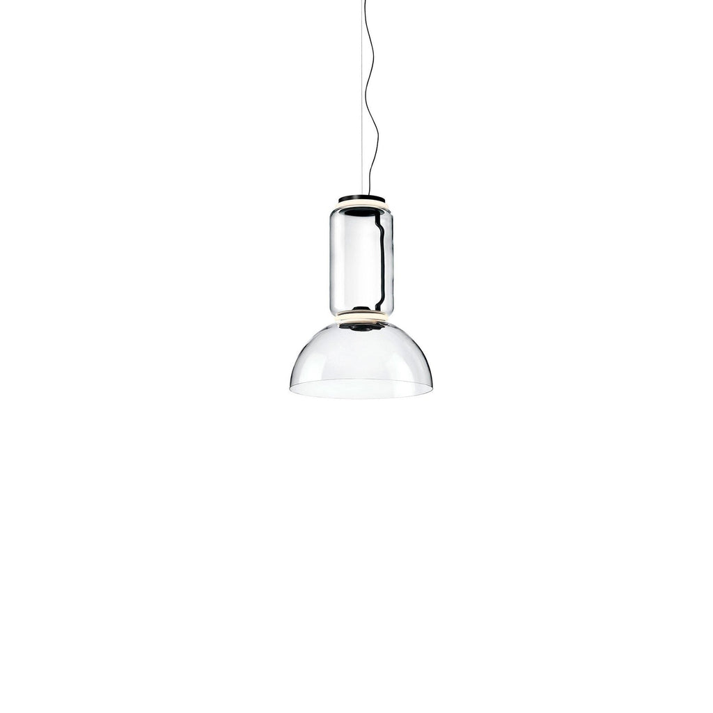 One glass cylinder over a wide glass dome, this smallest Clérachic pendant on a plain white backdrop.