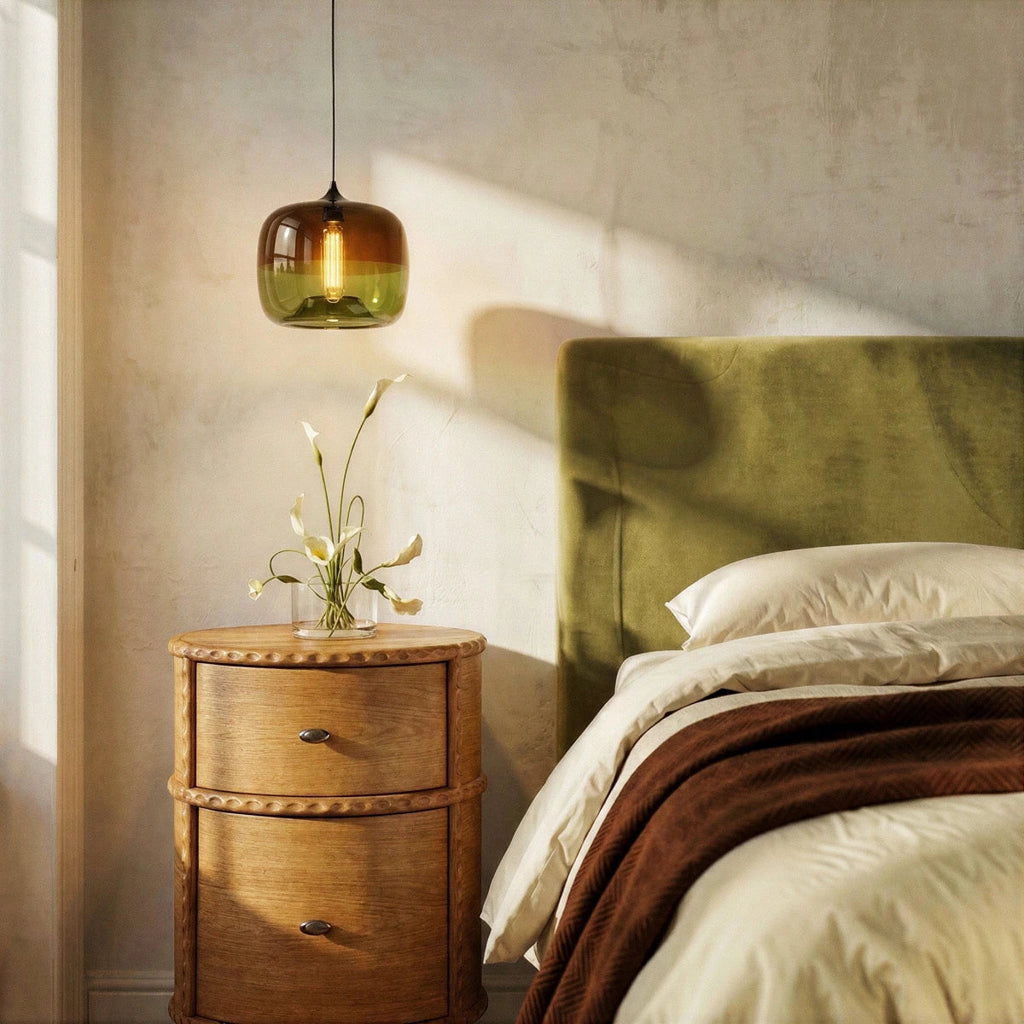 Clérachic amber and olive glass pendant hanging beside a round oak bedside table and a green velvet headboard.