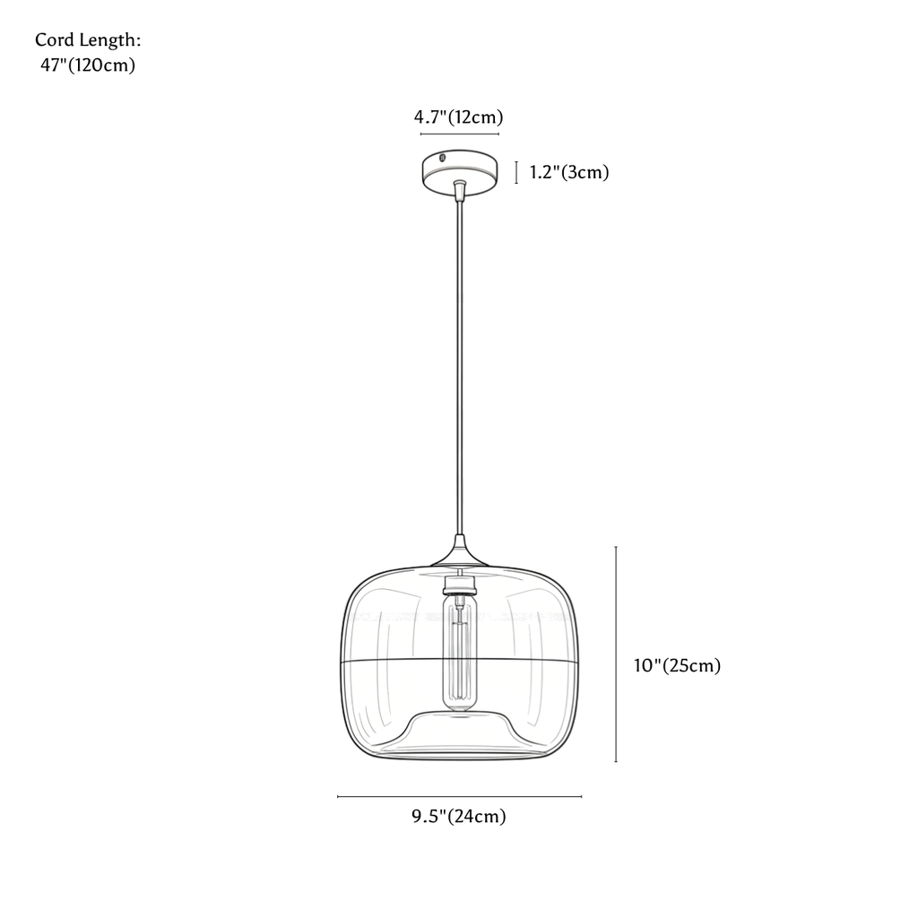 Clérachic pendant light dimension drawing, every measurement marked in centimetres and inches.