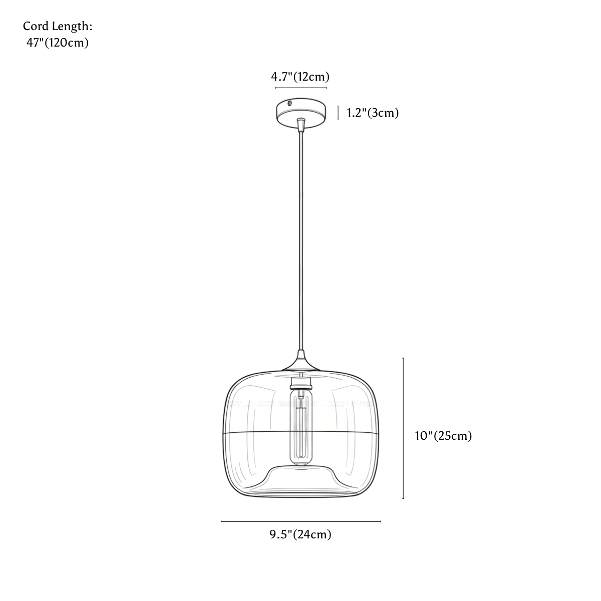 Clérachic pendant light dimension drawing, every measurement marked in centimetres and inches.