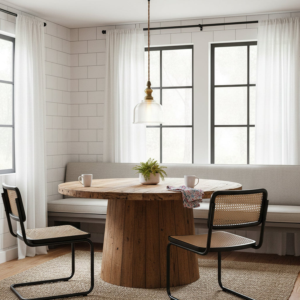 A single Clérachic clear glass pendant hangs over a round wooden table in a breakfast nook, with black-framed windows behind.