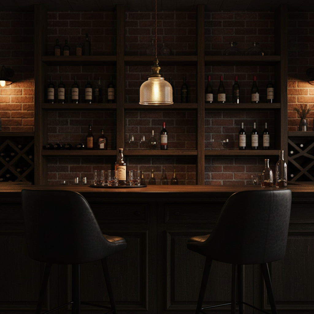 A Clérachic ribbed glass pendant glows amber in front of a dark brick wall of bottles, above a bar with black stools.