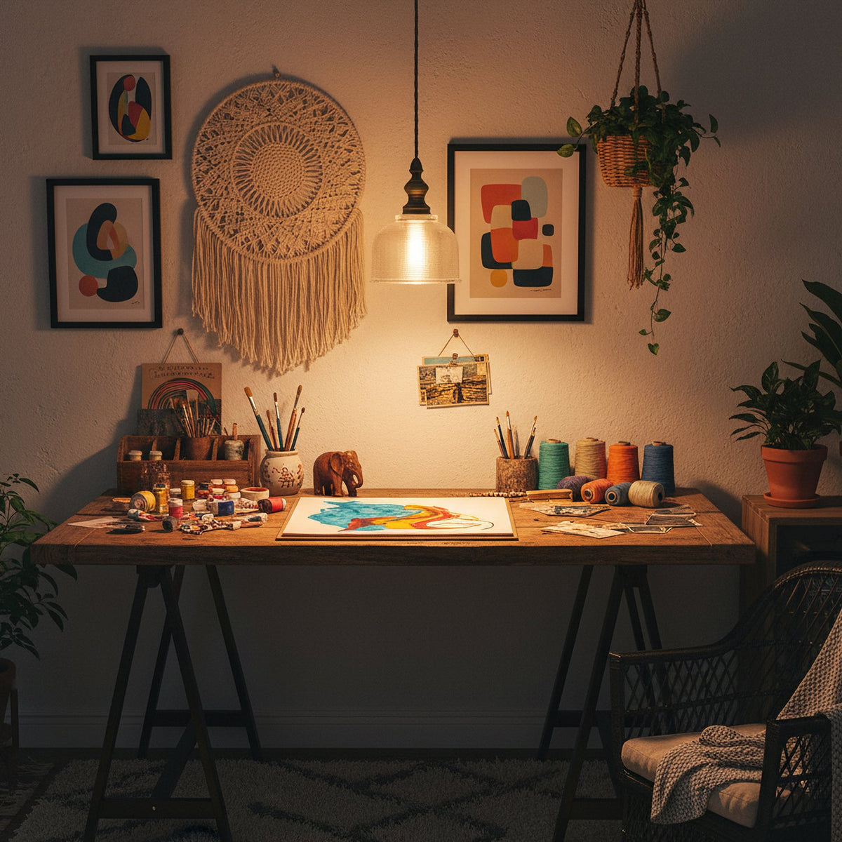 Warm light from a Clérachic ribbed glass pendant falls on a craft table covered in paints, thread and brushes, beneath framed prints.