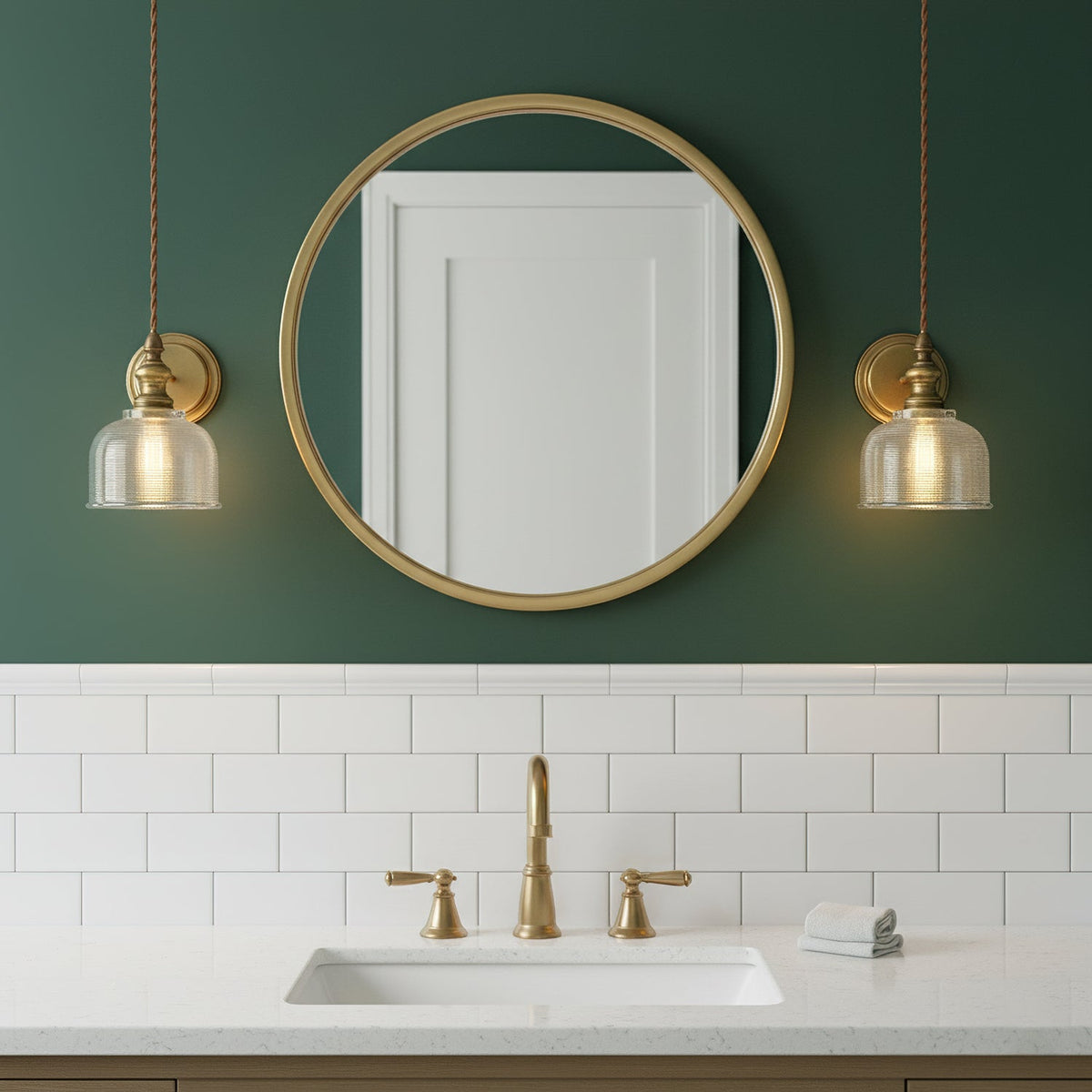 Two glass-shade brass wall lights from Clérachic flank a round brass mirror on a green wall above a sink with brass taps.