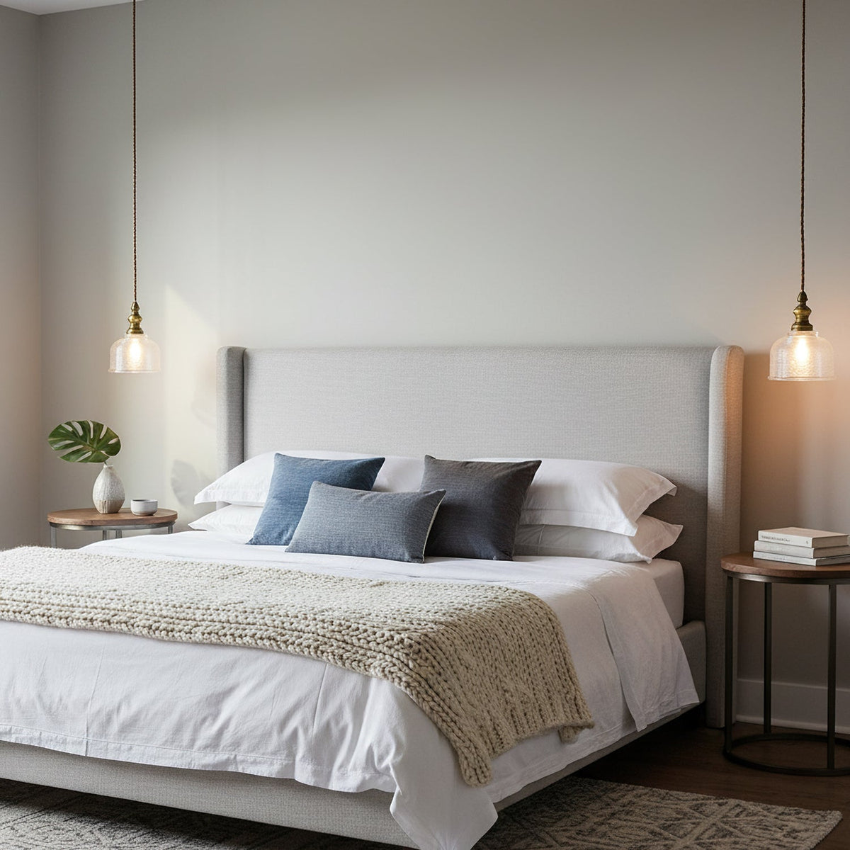 Two Clérachic glass pendants hang either side of an upholstered bed with white linen, a knitted throw and blue cushions.