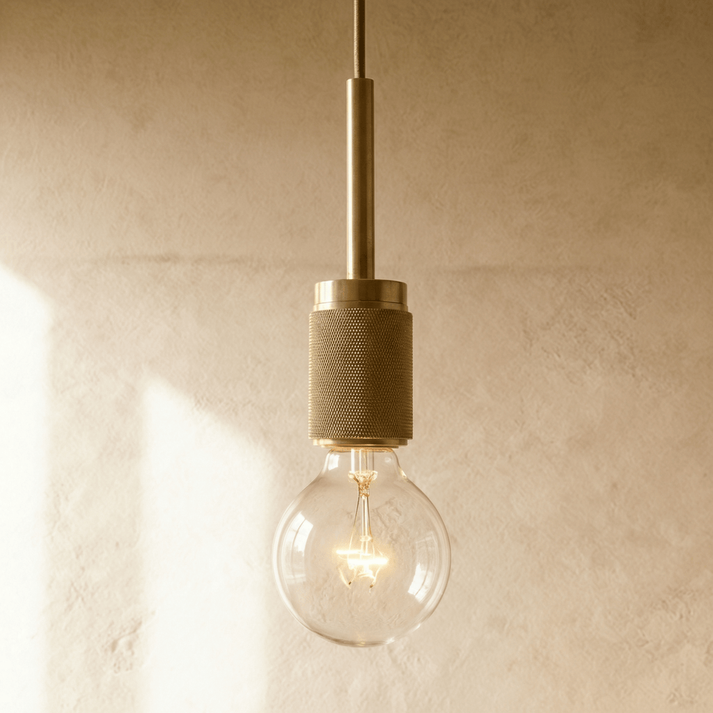 Clérachic brass pendant light with an exposed clear glass bulb and knurled brass socket against a plaster wall.