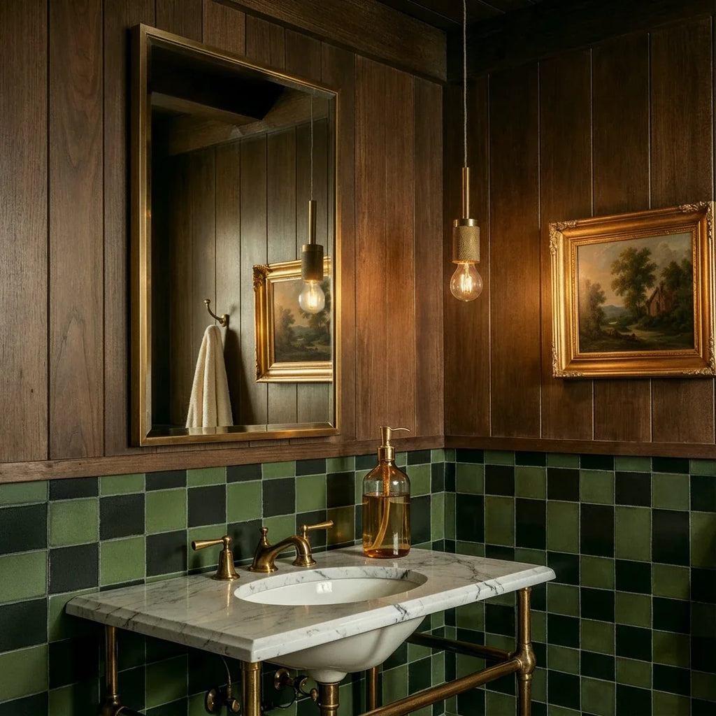 Clérachic brass pendant lights with exposed bulbs glowing above a marble vanity in a dark green-tiled bathroom.