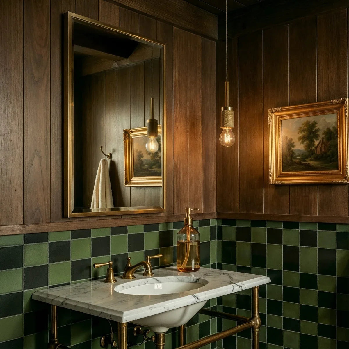 Clérachic brass pendant lights with exposed bulbs glowing above a marble vanity in a dark green-tiled bathroom.