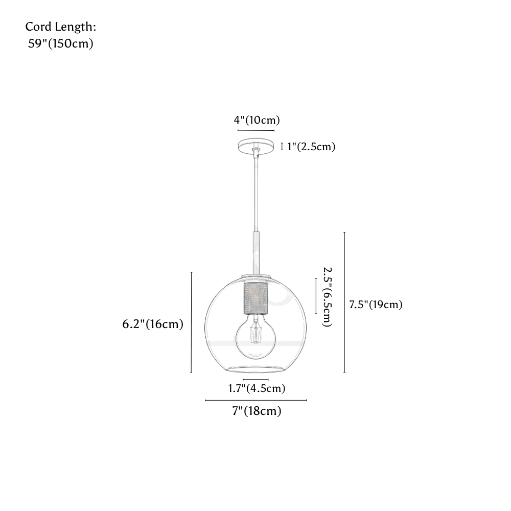 Clérachic pendant light dimension drawing, 7 × 7.4 18 × 19 cm 10 W, every measurement marked in centimetres and inches.