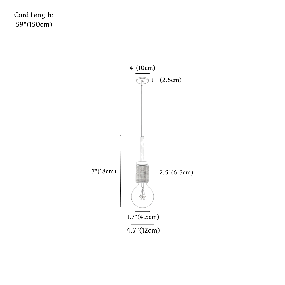 Clérachic pendant light dimension drawing, 4.7 × 7 12 × 18 cm 10 W, every measurement marked in centimetres and inches.