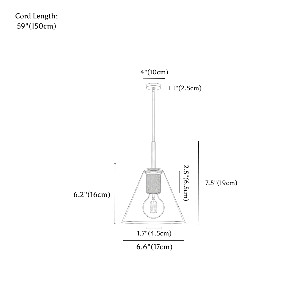 Clérachic pendant light dimension drawing, 6.6 × 7.4 17 × 19 cm 10 W, every measurement marked in centimetres and inches.