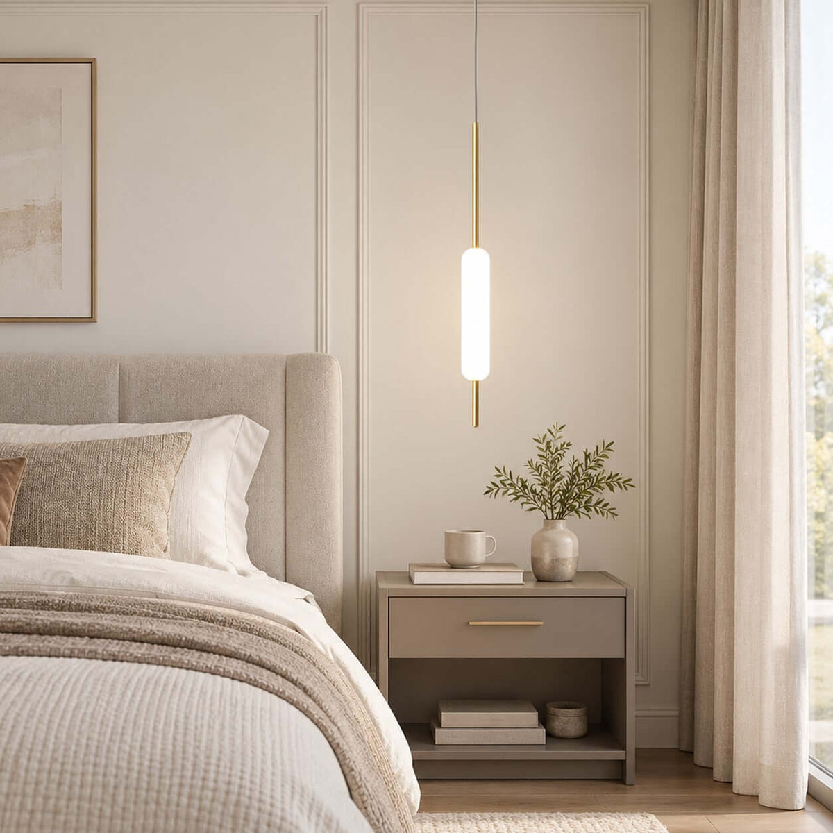 Lit over a pale nightstand with a vase of foliage, this Clérachic single frosted glass pendant hangs beside a cream headboard.