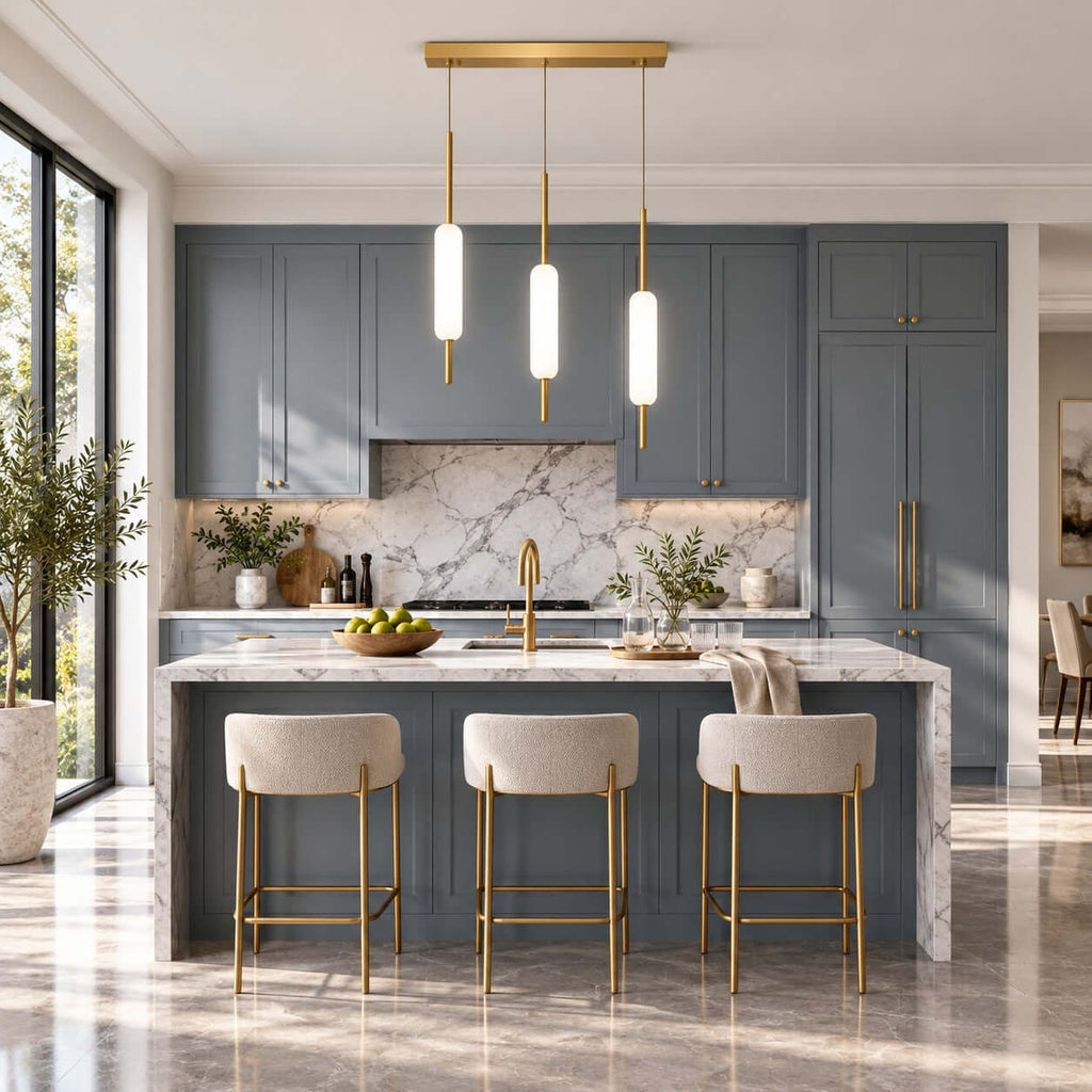 A row of three lit Clérachic glass pendants on a brass bar hangs above a marble kitchen island with brass-legged stools.