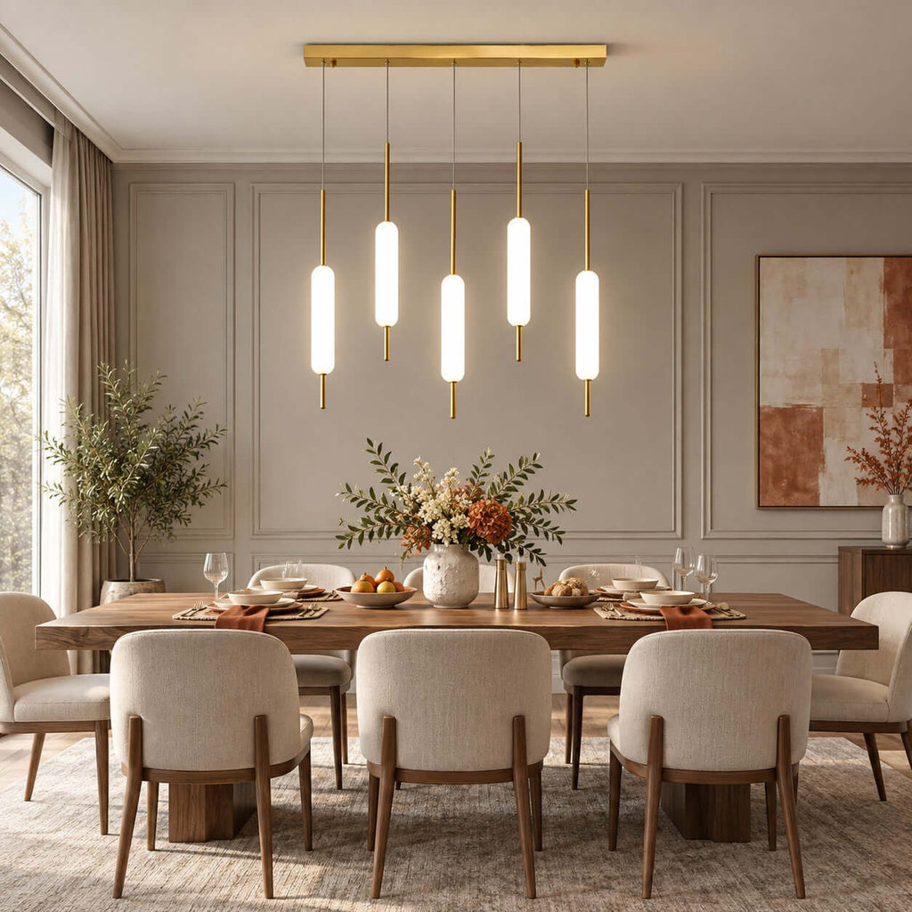 Staggered Clérachic glass pendants on a long brass bar glow above a wooden dining table with cream chairs and a vase of autumn foliage.