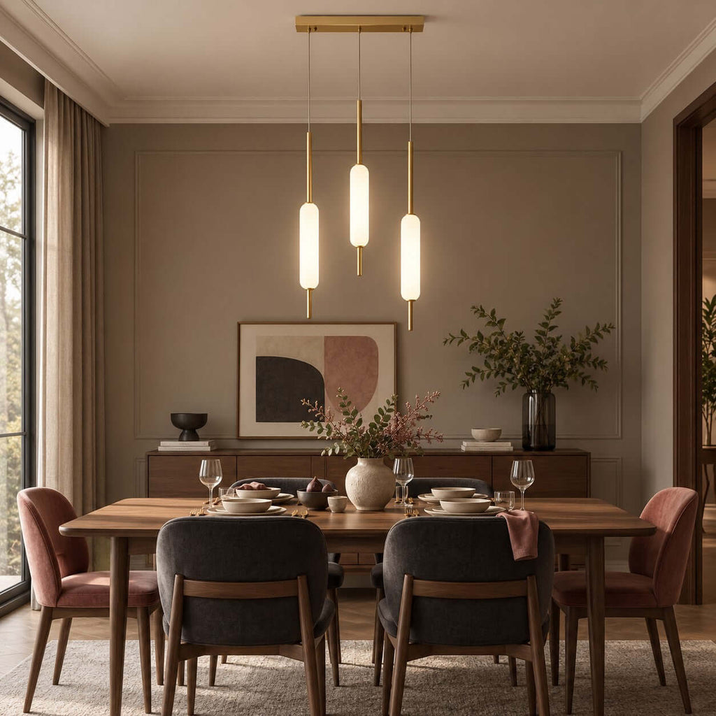 Three Clérachic frosted glass pendants on a slim brass bar glow over a wooden dining table with mixed rose and charcoal chairs.