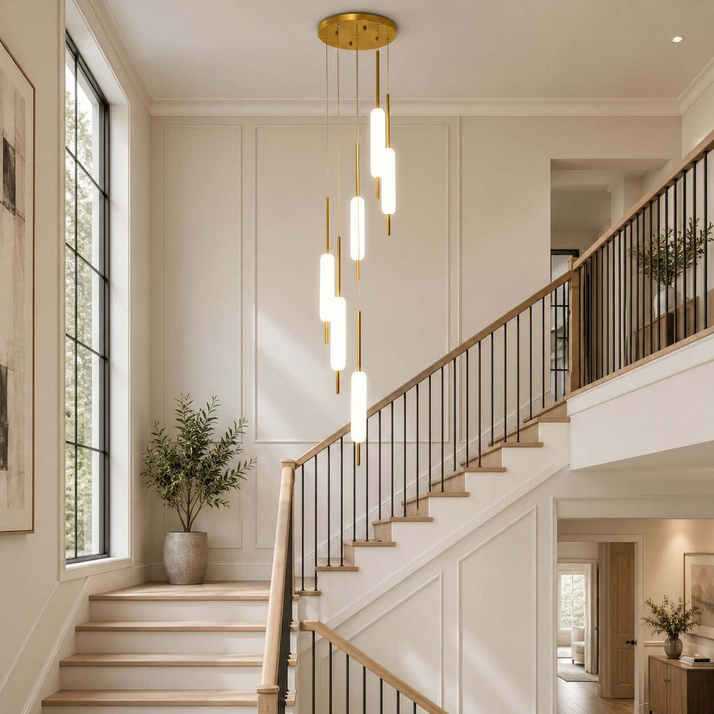A tall cluster of Clérachic frosted glass pendants drops through a stairwell with a wooden banister and black balusters.