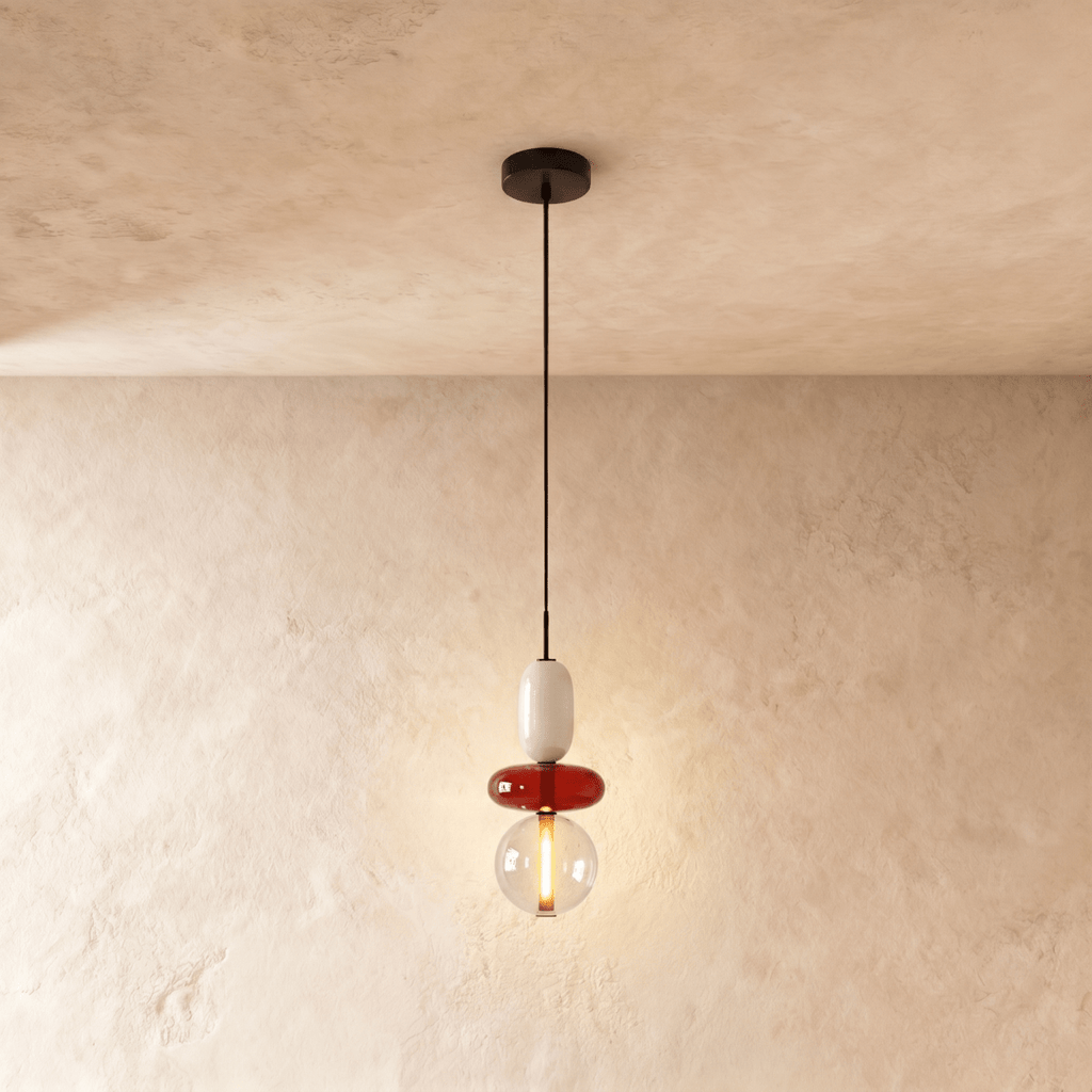 Clérachic compact pendant of a white capsule, red glass disc and clear globe with a visible filament-style LED strip.