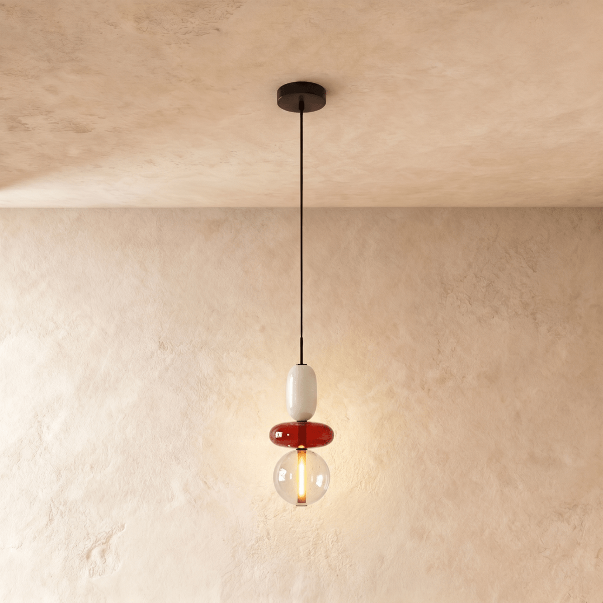 Clérachic compact pendant of a white capsule, red glass disc and clear globe with a visible filament-style LED strip.