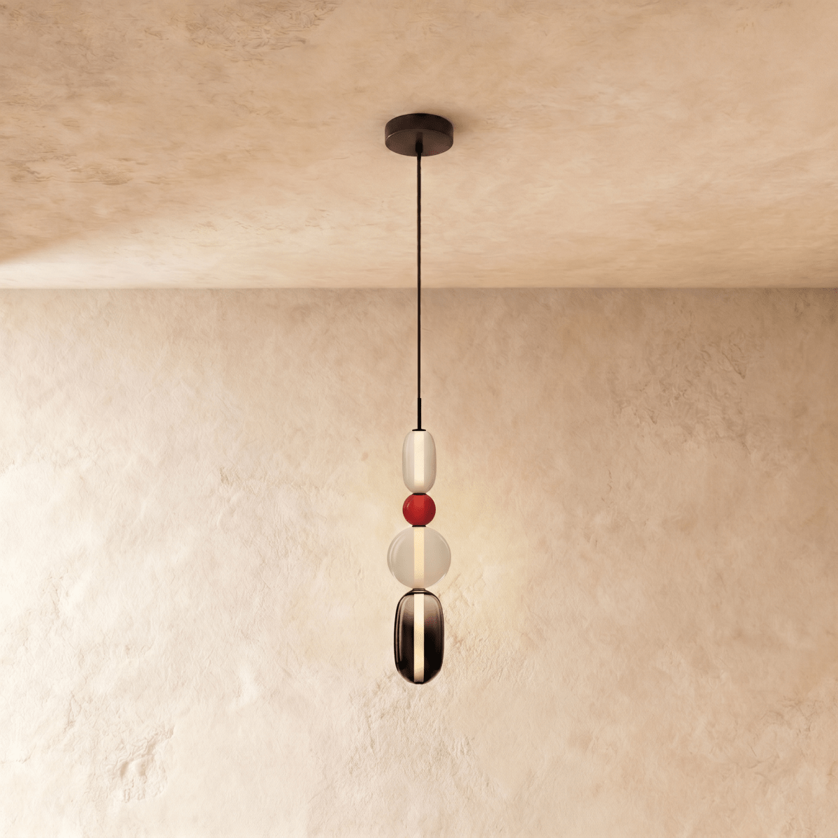 Clérachic tall pendant with a white capsule, red bead, opal globe and a smoked glass capsule with a glowing light strip.