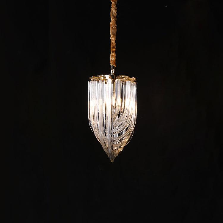Small narrow looped-glass Clérachic chandelier with a gold top, hung from a twisted cord against a black backdrop.