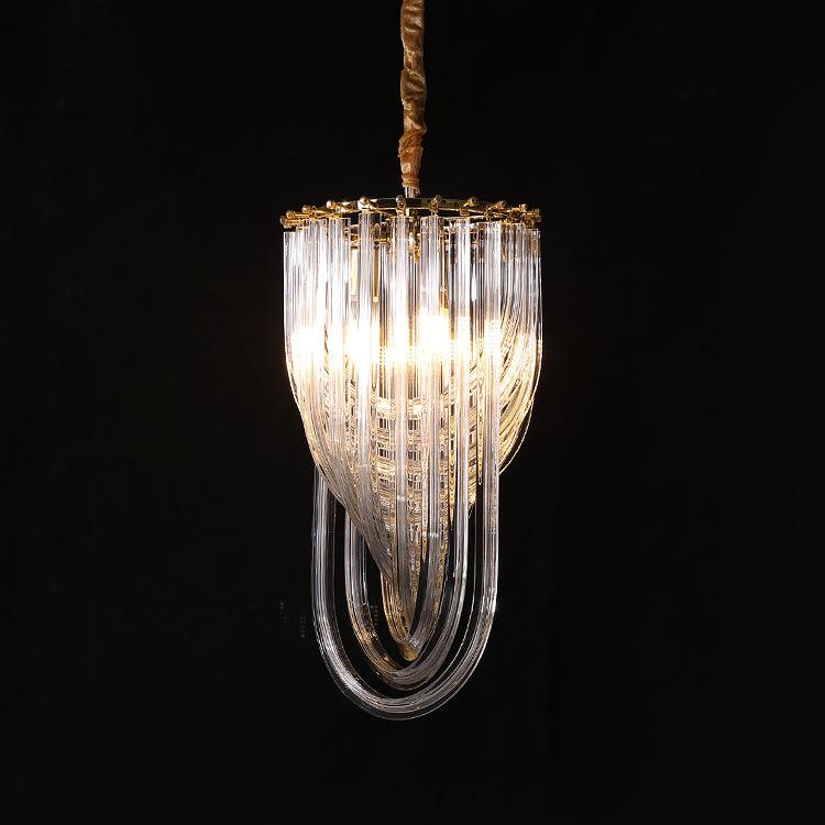 Narrow Clérachic chandelier with looped clear glass rods and a long lower loop, lit and hung on a twisted cord against black.
