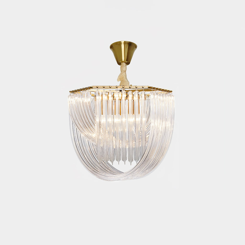 Clérachic chandelier with a brushed brass canopy and cord, clear looped glass rods and a gold frame, on a pale grey backdrop.