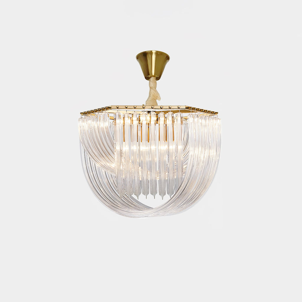 Clérachic chandelier with looped clear glass rods and a brass canopy on a short cord, shown unlit on a pale grey backdrop.