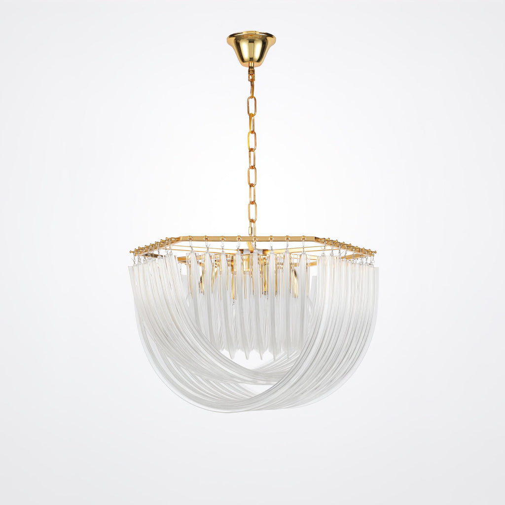 Unlit Clérachic chandelier on a gold chain, its pale clear glass rods looping beneath a square gold frame on a grey backdrop.