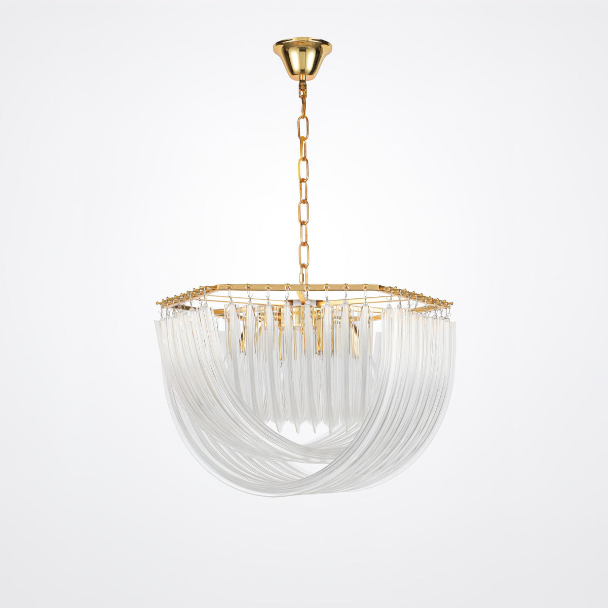 Unlit Clérachic chandelier on a gold chain, its pale clear glass rods looping beneath a square gold frame on a grey backdrop.