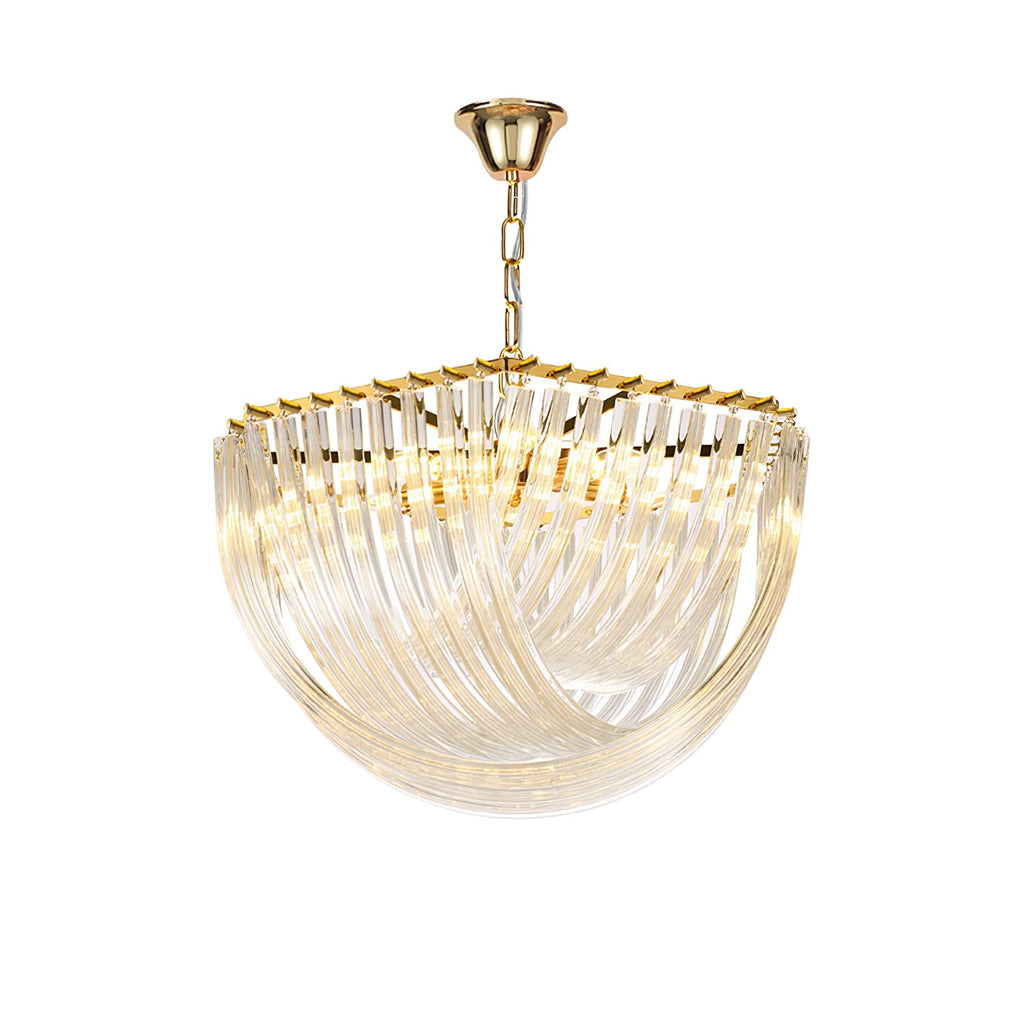 Clérachic chandelier with curved clear glass rods and a gold top frame, lit warmly on a short gold chain against white.