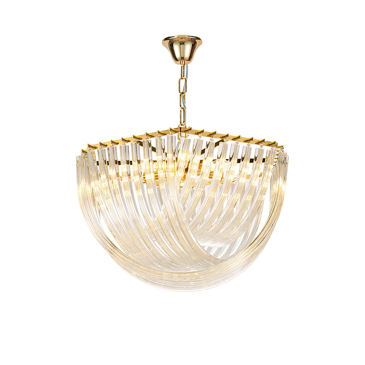 Clérachic chandelier with curved clear glass rods and a gold top frame, lit warmly on a short gold chain against white.