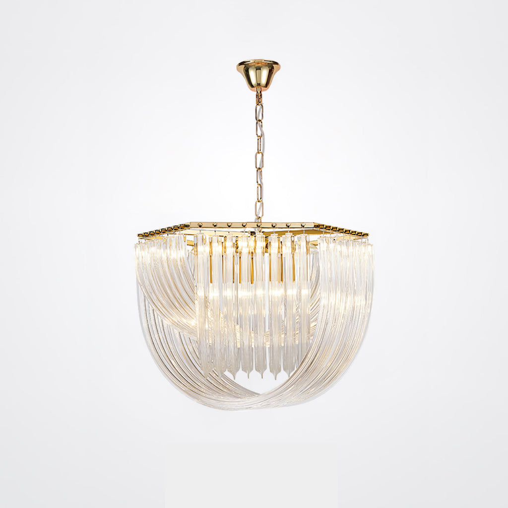 Clérachic chandelier on a gold chain with a hexagonal gold top and clear glass rods ending in pointed tips, on a pale grey backdrop.