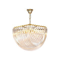 Gold-framed Clérachic chandelier with curved clear glass rods lit warmly from within, hung from a gold chain on white.