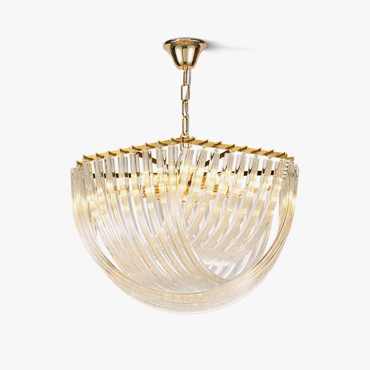 Gold-framed glass chandelier with curved clear glass rods sweeping into a bowl shape, hung from a gold chain on a plain white backdrop from Clérachic.