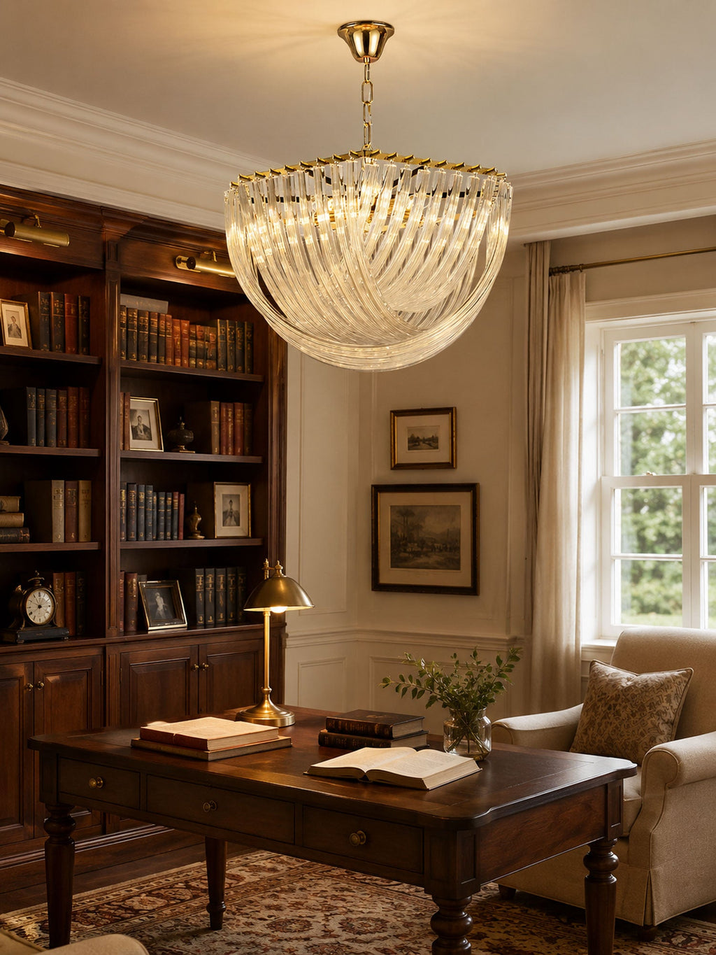 Warm-lit Clérachic chandelier hanging in a study with a dark wood desk, a bookcase full of books and a leather armchair.