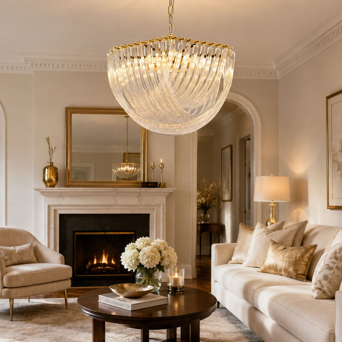 Large Clérachic glass chandelier above a cream living room with a marble fireplace, a gold-framed mirror and a pale sofa.