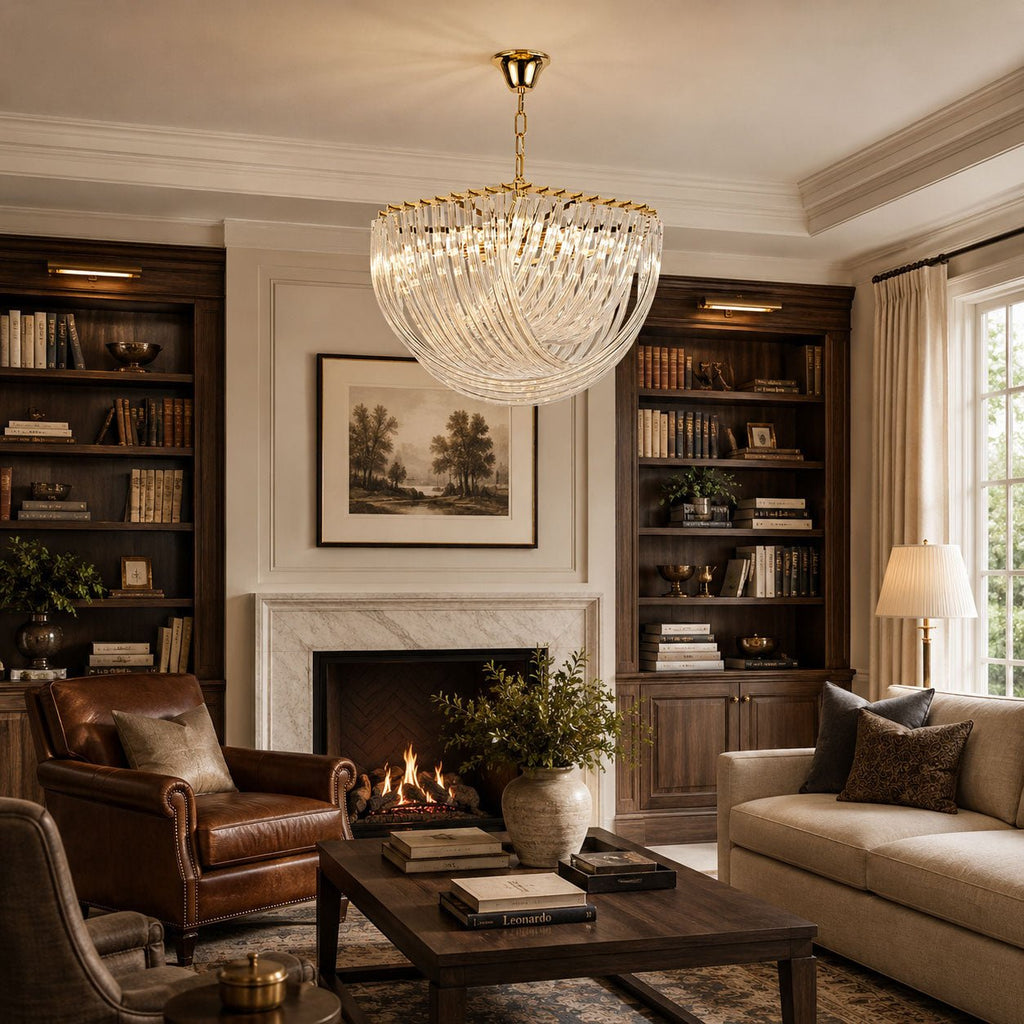 Clérachic chandelier hanging above a library-style sitting room with a lit fireplace, a leather armchair and built-in shelves.