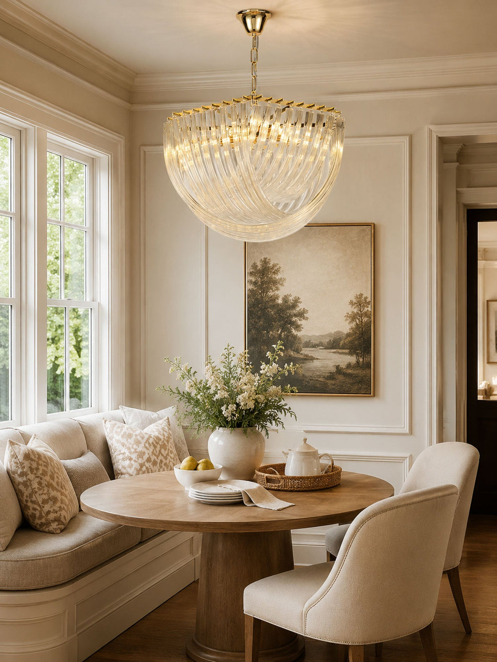 Clérachic glass chandelier in a bright breakfast nook with a round wooden table, cushioned seat and a landscape painting.