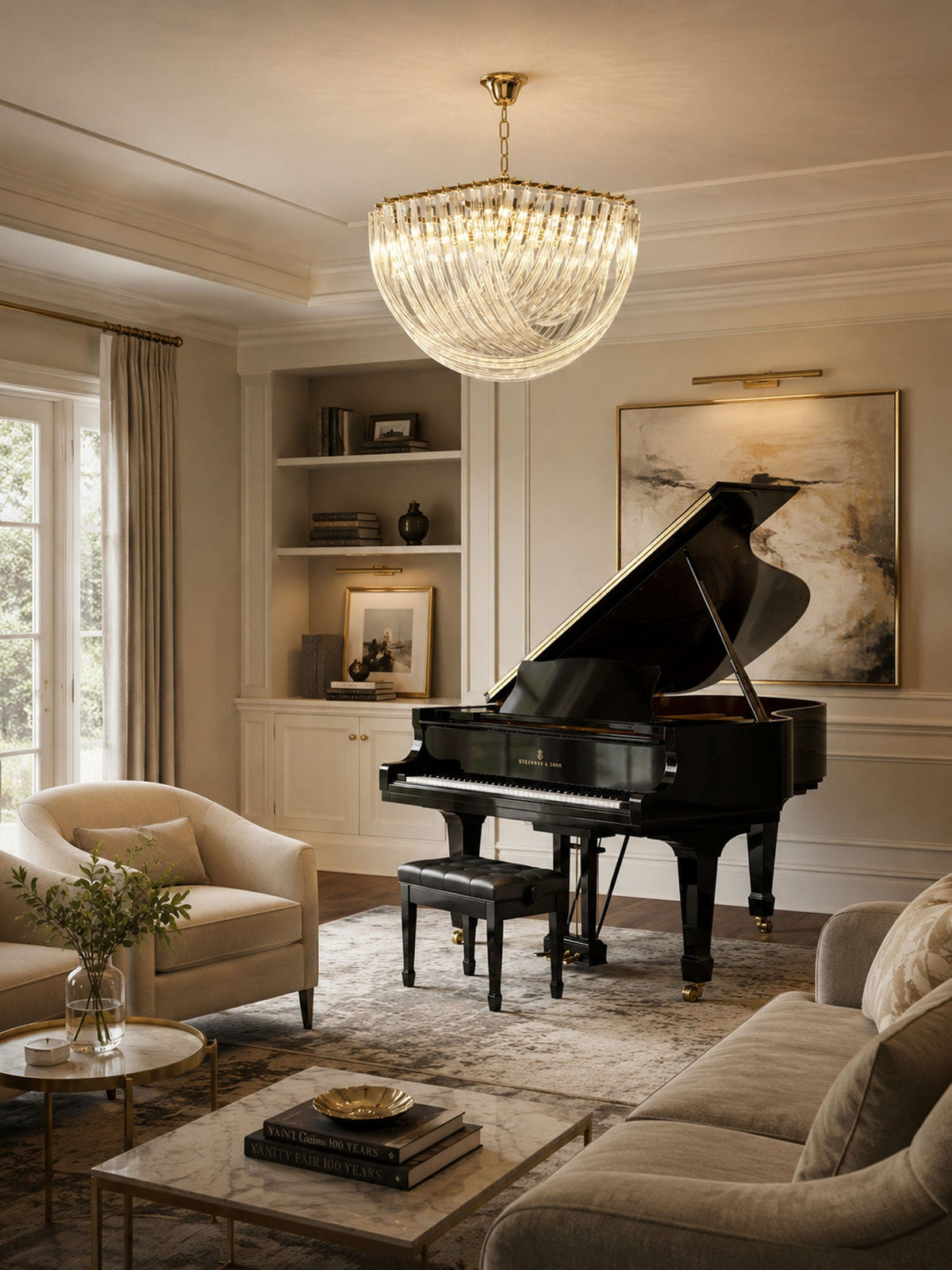 Smaller Clérachic glass chandelier above a grand piano in a warm cream music room with an armchair and a marble coffee table.