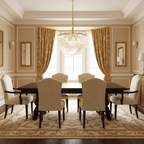 Clérachic chandelier of looped clear glass hanging in a dining room with gold damask curtains and a patterned cream rug.