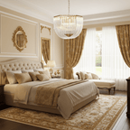 Lit Clérachic chandelier above a bed with a tufted headboard in a room with gold damask curtains and a gilded oval mirror.