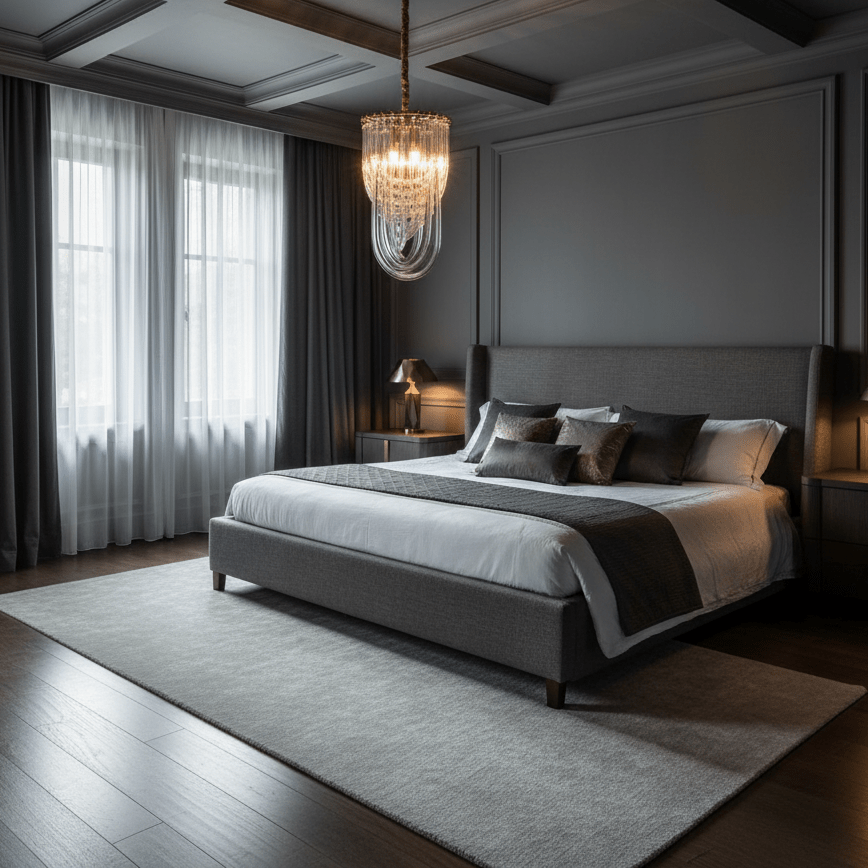 Slim looped-glass Clérachic chandelier glowing in a dark grey bedroom with a low bed, sheer curtains and a coffered ceiling.