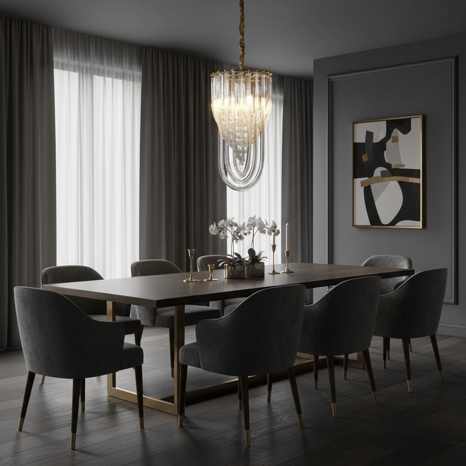 Narrow looped-glass Clérachic chandelier above a long dark dining table with charcoal chairs and white orchids.