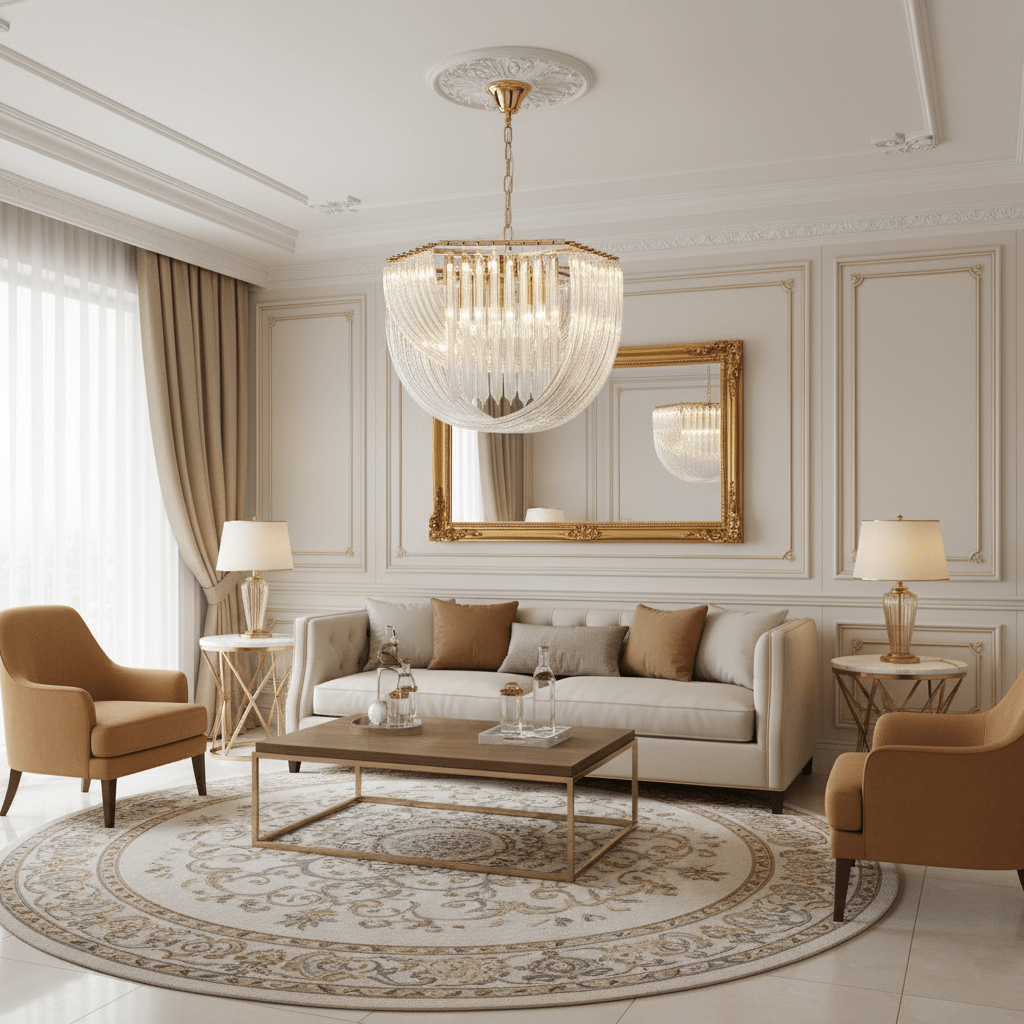 Clérachic glass chandelier above a pale living room with a round patterned rug, a gold-framed mirror and tan armchairs.