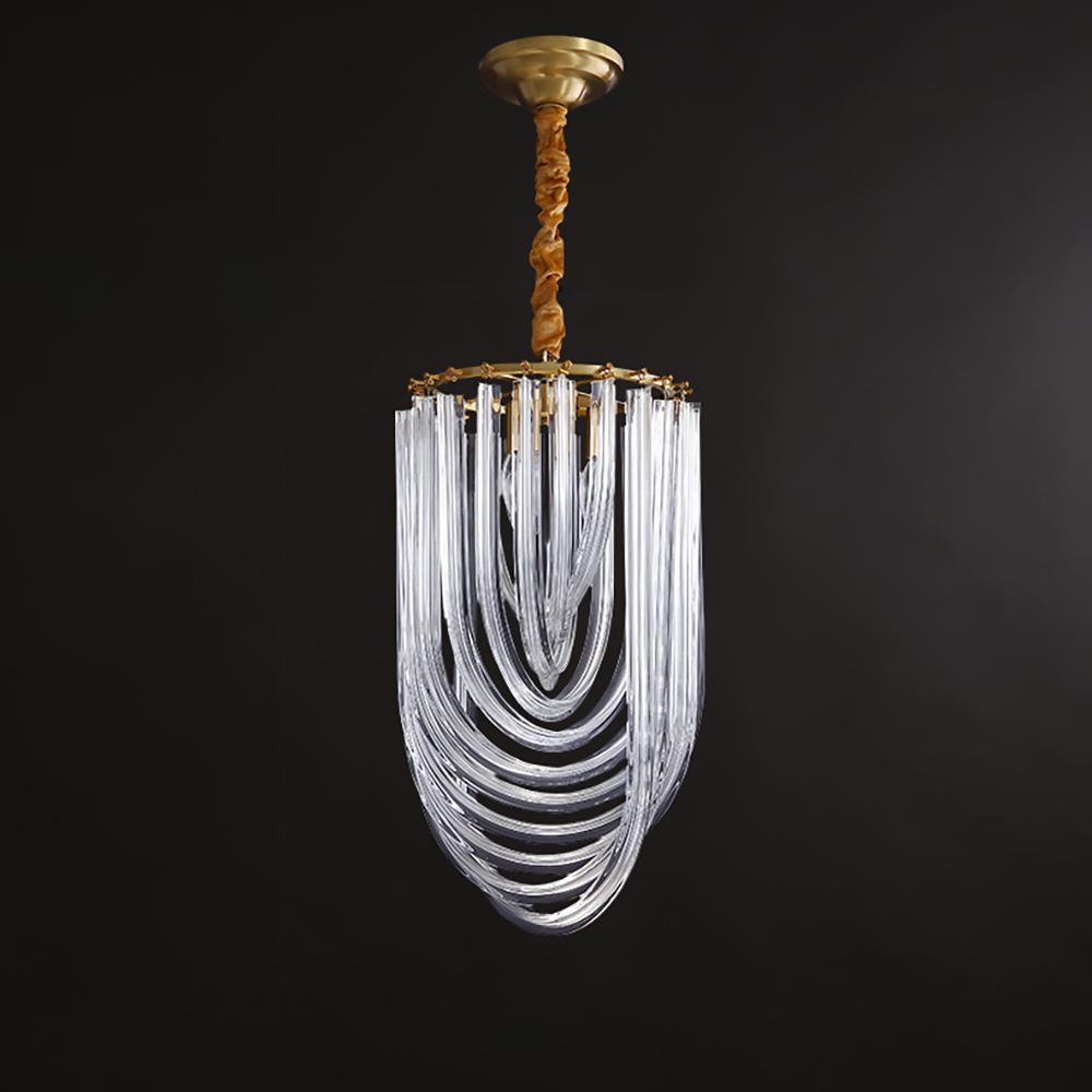 Narrow looped-glass Clérachic chandelier with a gold canopy and twisted cord, shown against a black backdrop.