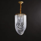 Narrow looped-glass Clérachic chandelier with a gold canopy and twisted cord, shown against a black backdrop.
