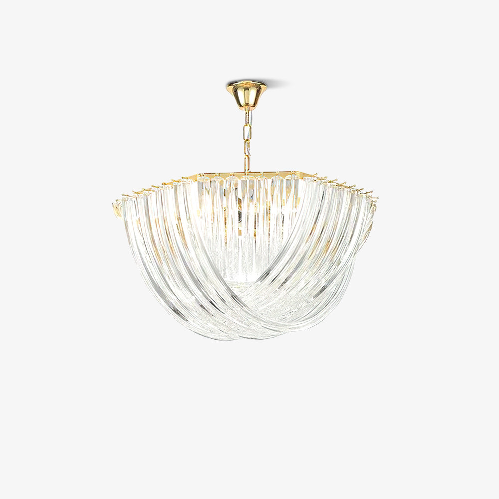 Clérachic chandelier with looped clear glass rods and a gold top on a short gold chain, shown on a plain white backdrop.