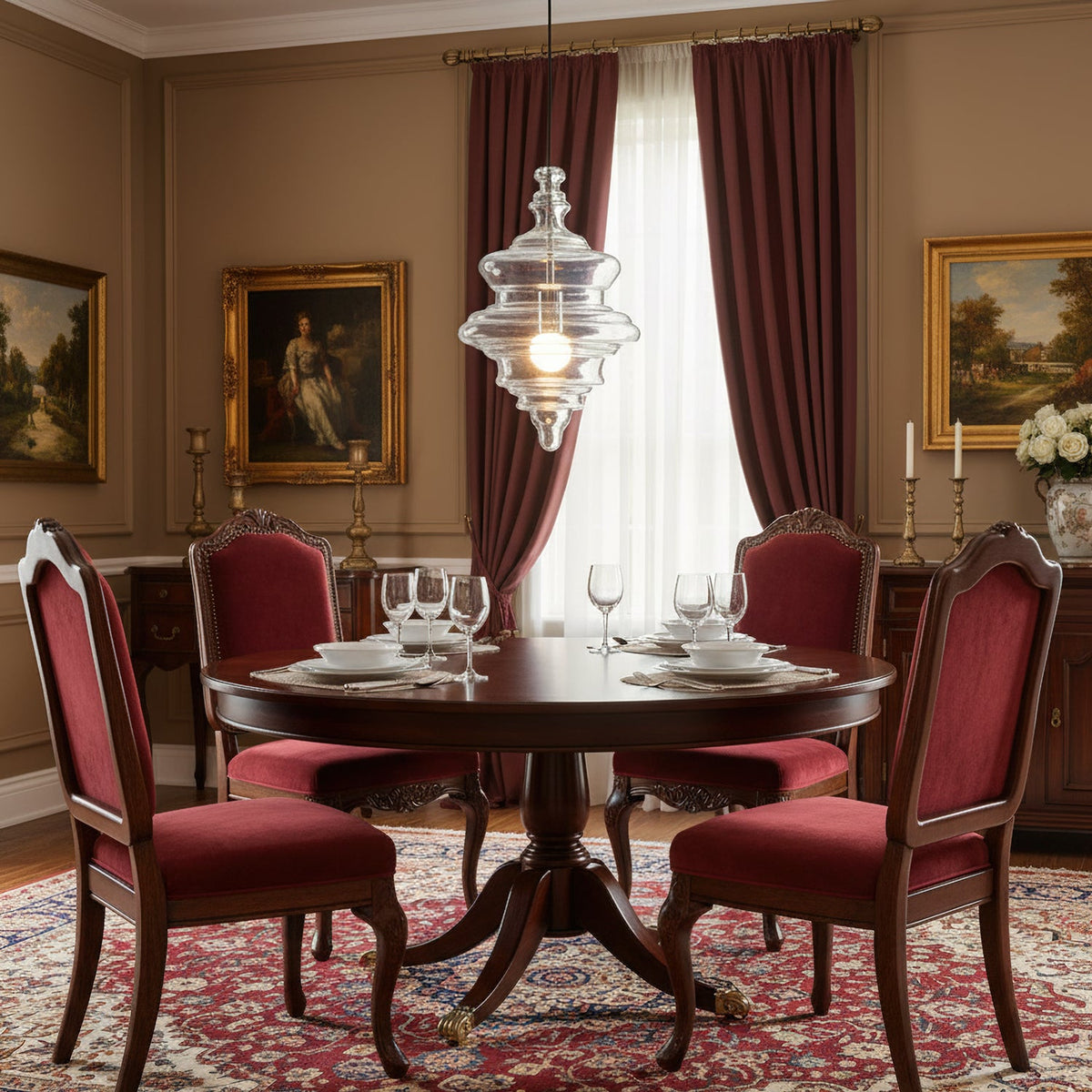 Clear glass Clérachic pendant with a lit bulb hangs above a round dining table with red velvet chairs and heavy red curtains.
