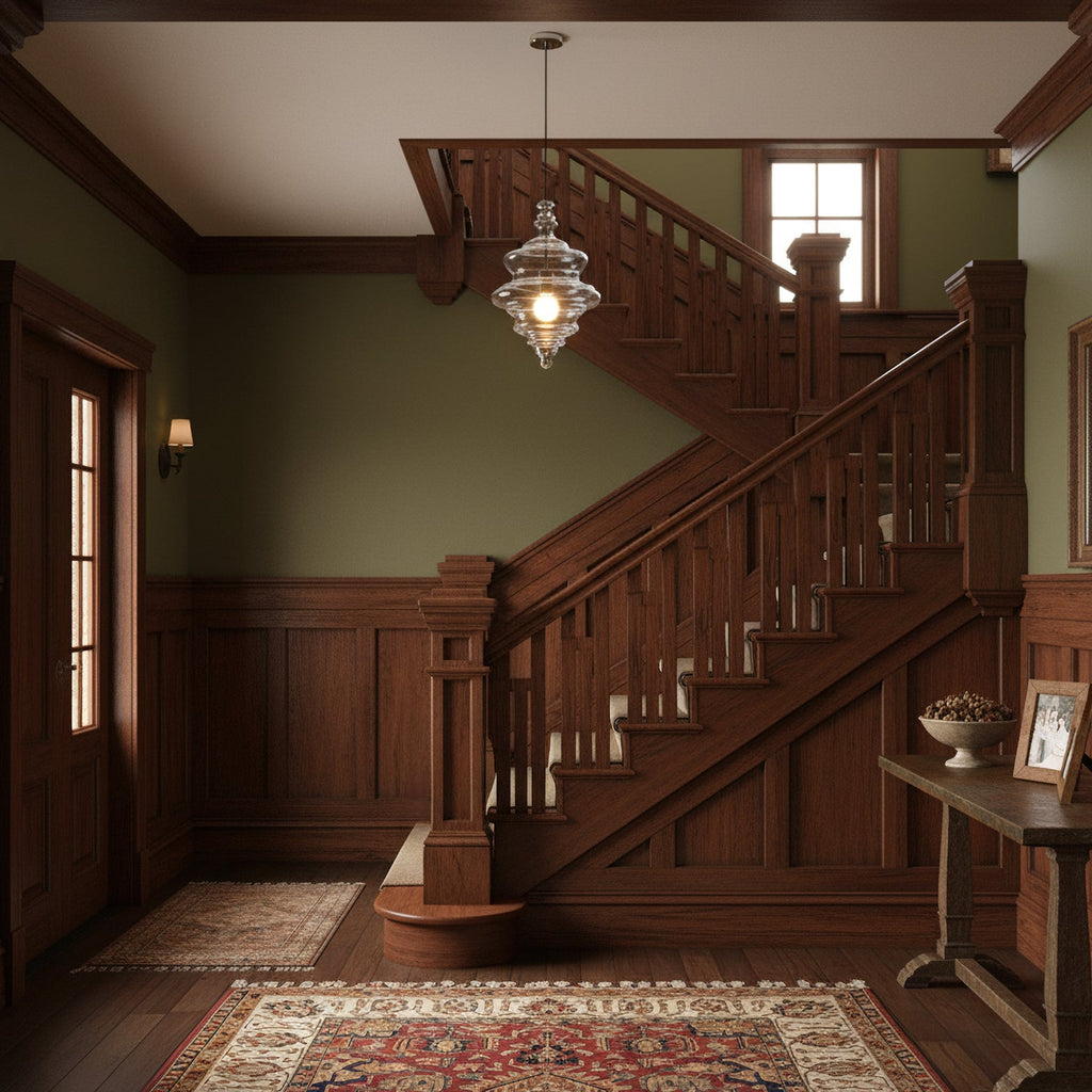 A small clear glass Clérachic pendant hangs in a stairwell with dark wood panelling, a carved staircase and olive green walls.